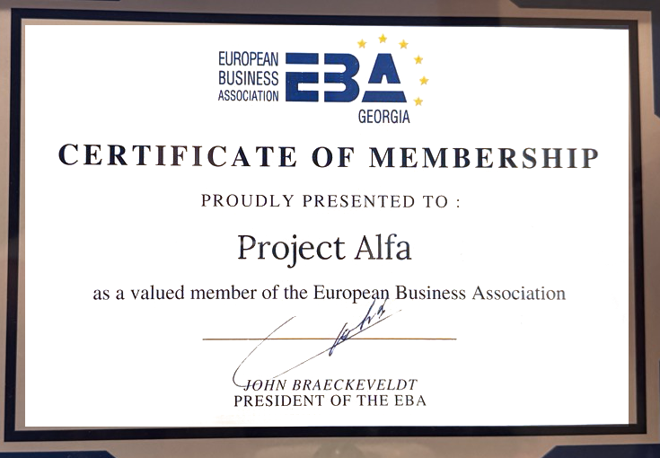 Photograph of the EBA Georgia membership certificate presented to Project Alfa.