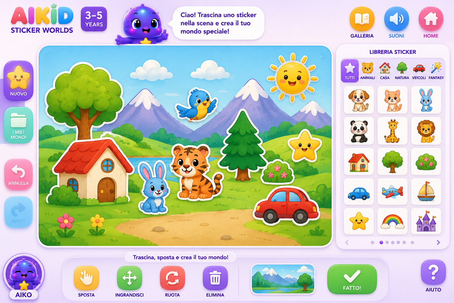 AIKID Sticker Worlds concept: a landscape assembled with animal, tree and house stickers, alongside a sticker library.