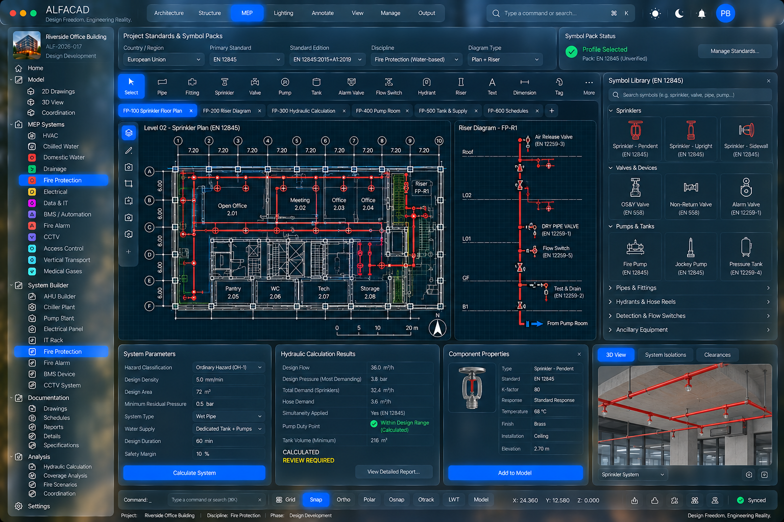 ALFACAD fire protection interface concept with a floor plan, riser diagram and component library.