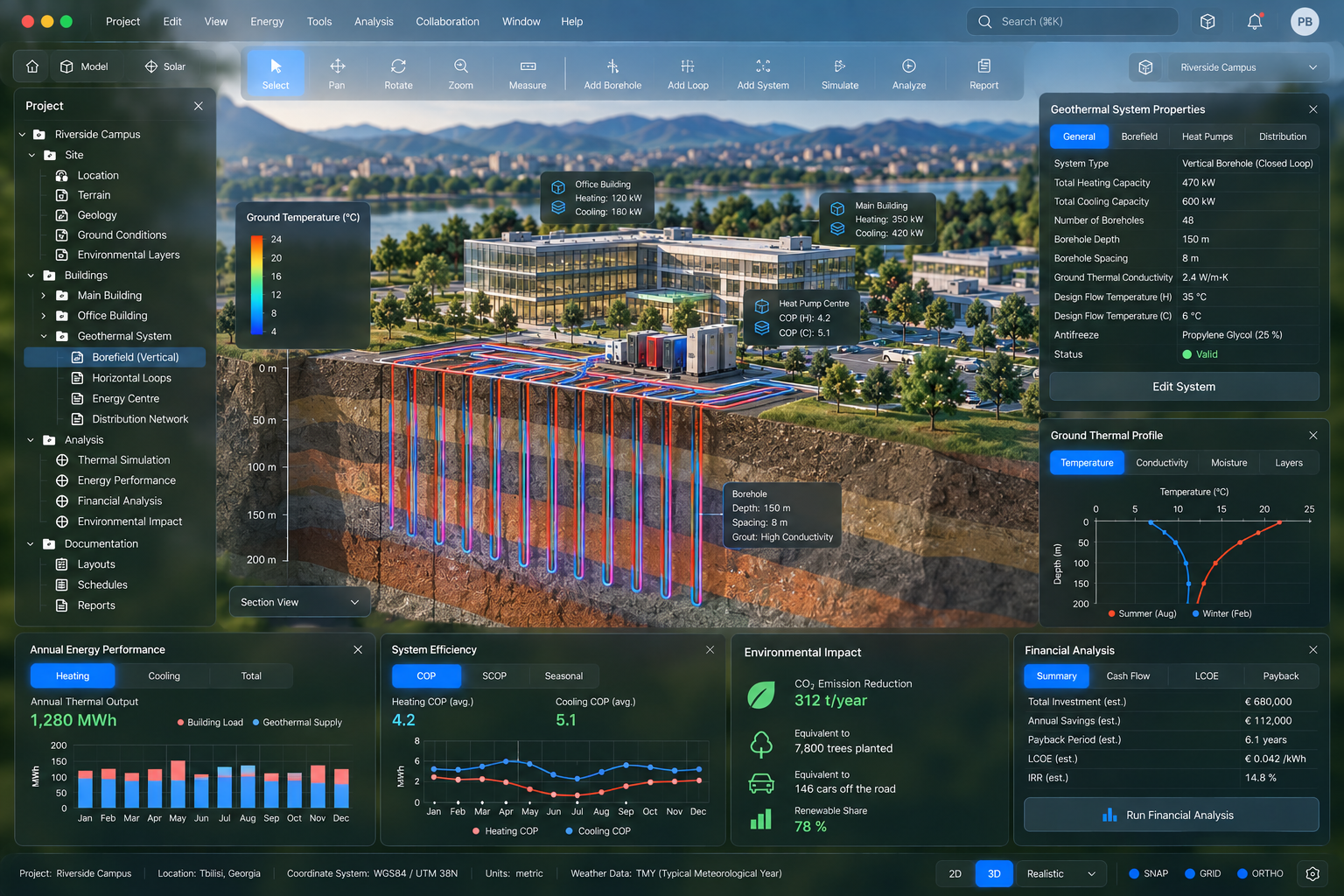 ALFACAD geothermal concept with a building cutaway, ground-source loops and an engineering interface.