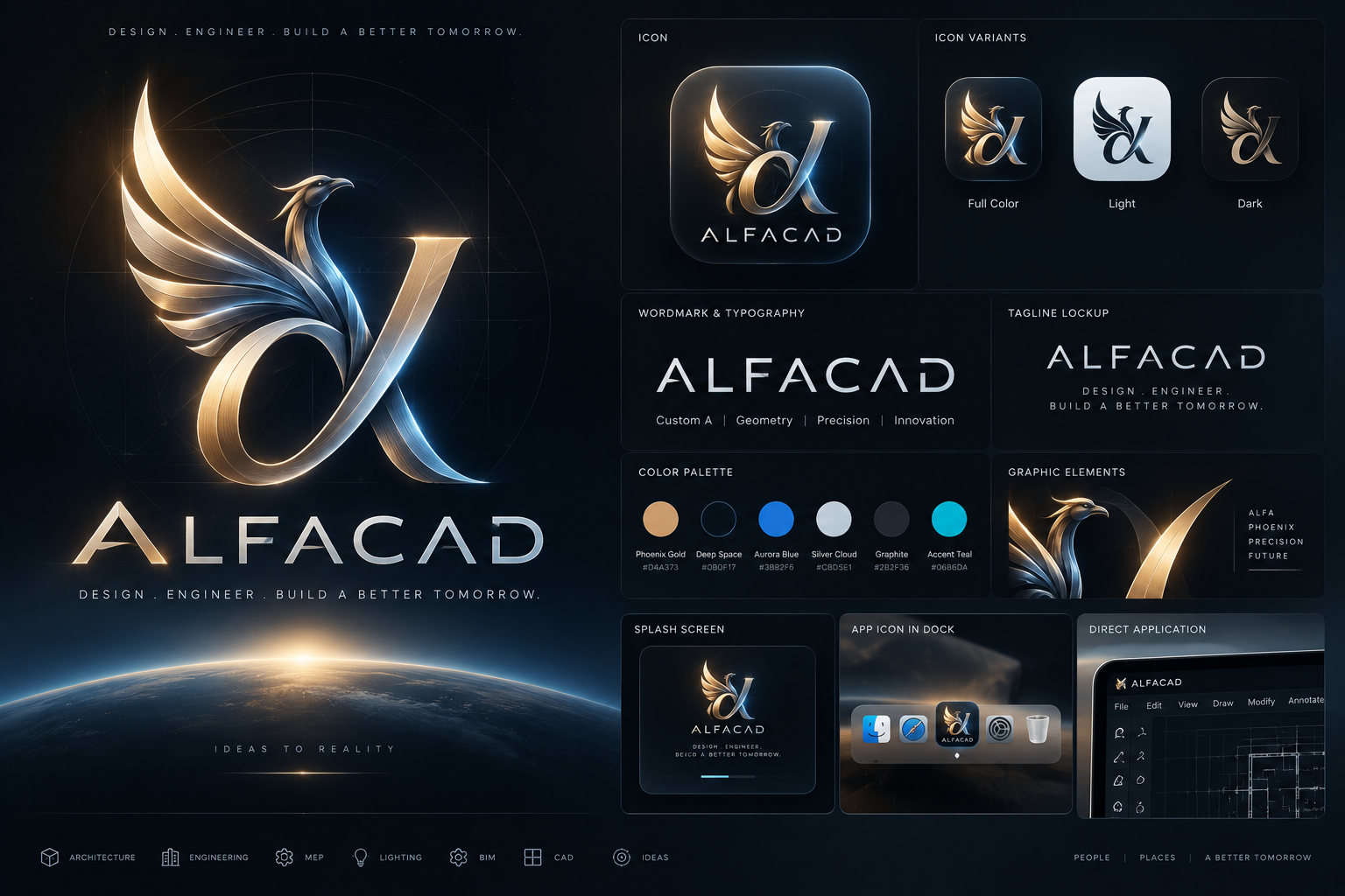 ALFACAD visual identity board with a metallic phoenix and alpha symbol, typography, palette and application concepts.