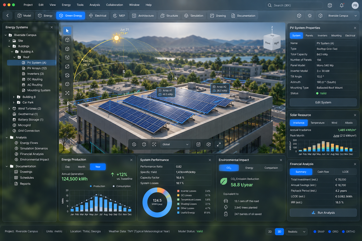 ALFACAD solar engineering workspace design concept showing an illustrative rooftop photovoltaic system.