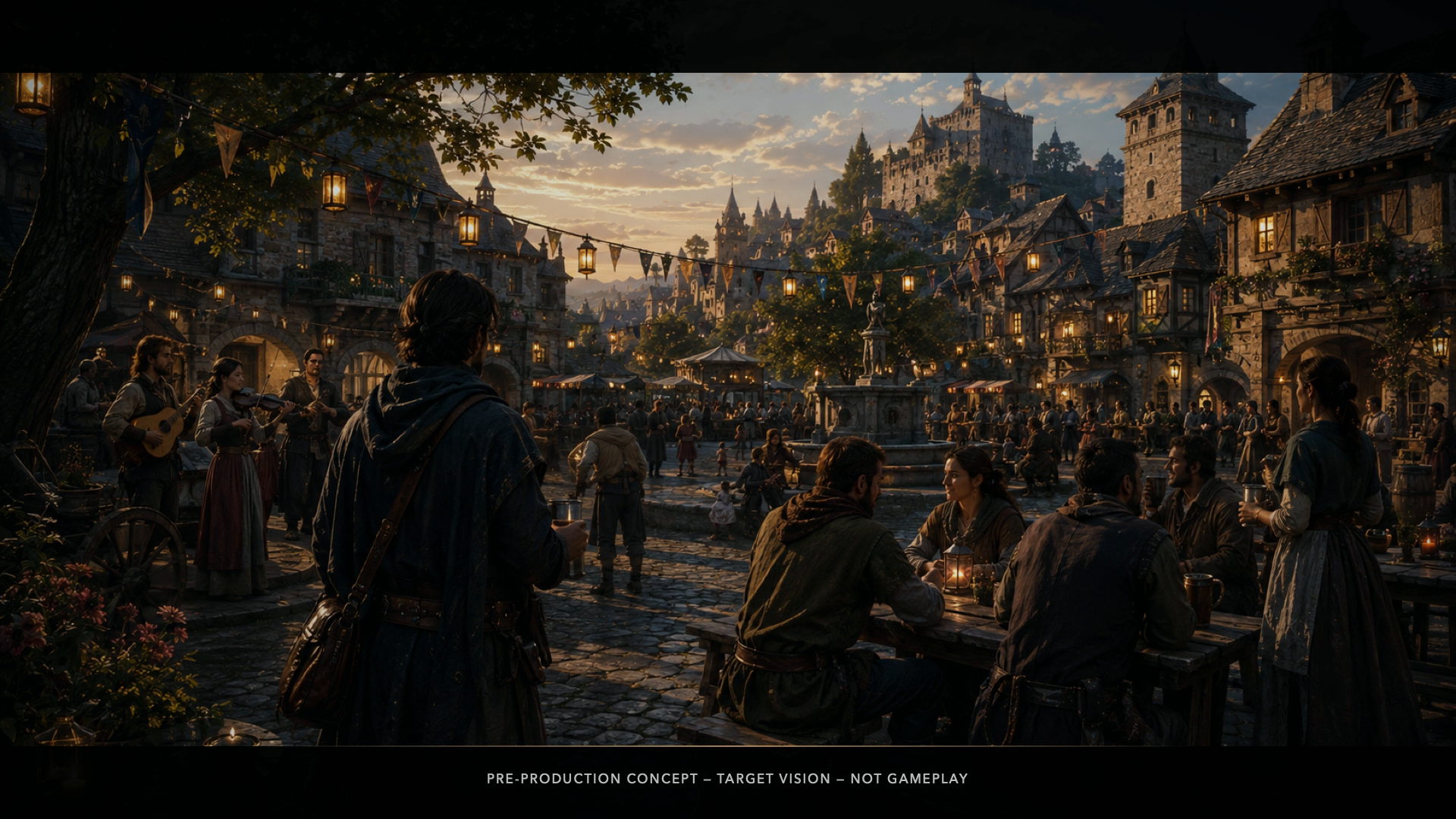 Golden Tales pre-production vision of a medieval town and castle.